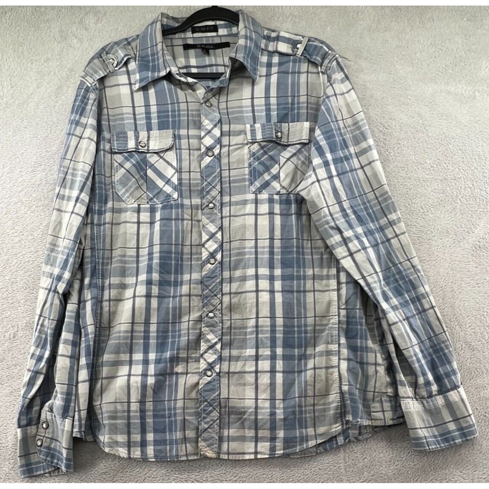 CJ Black Shirt Mens Large Slim Fit Blue Tan Plaid Pearl Snaps Button Up Western